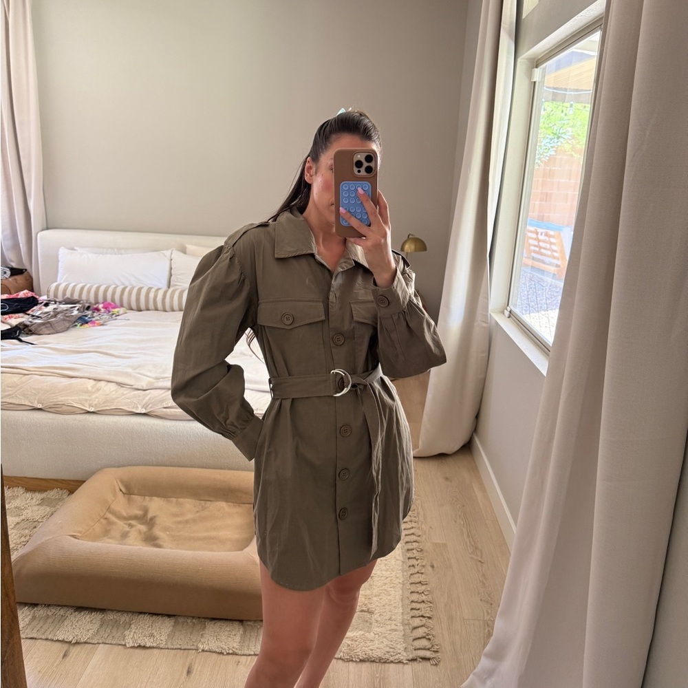 Line & Dot Tan Trench Coat with Belted Waist